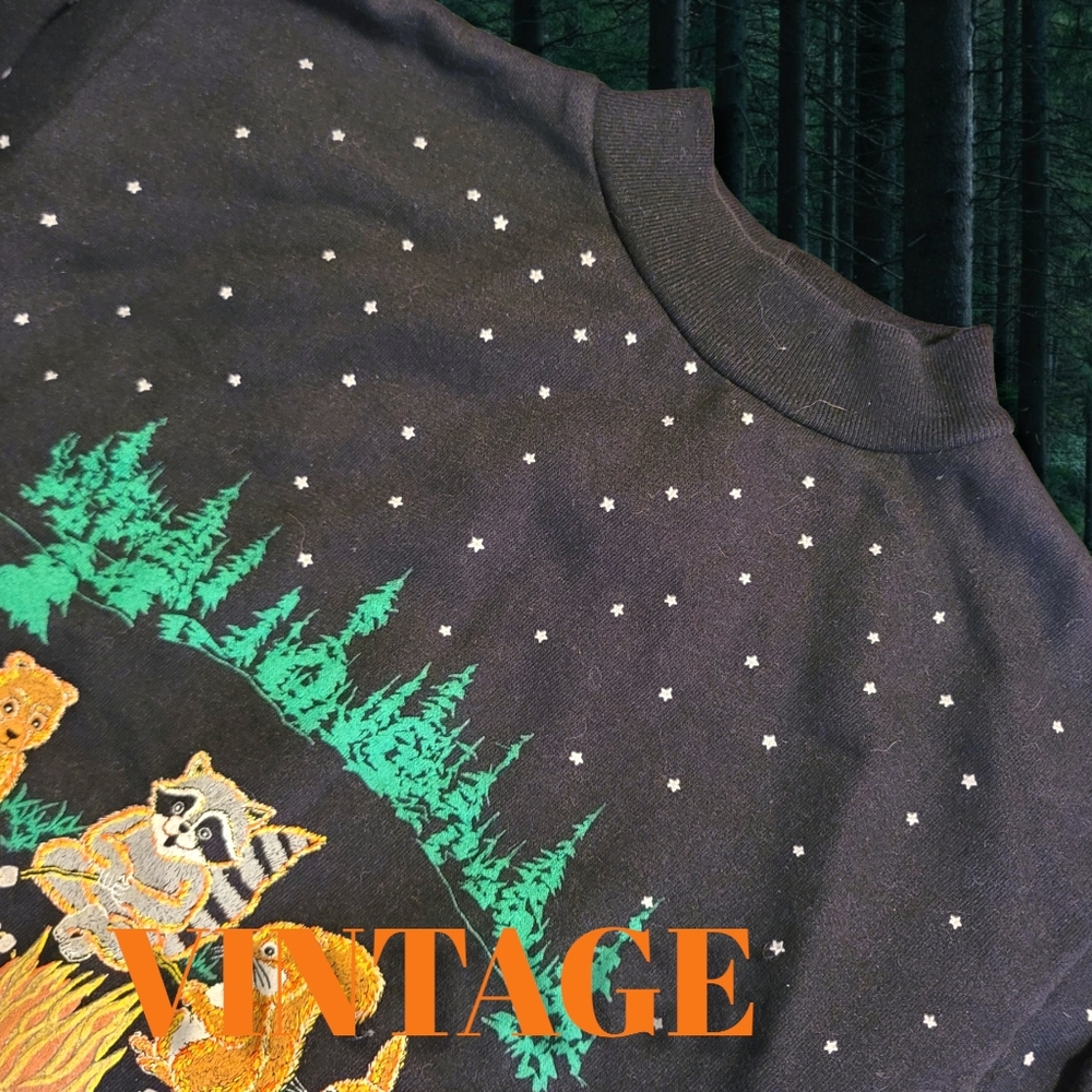 Vintage 70s Childs Sweatshirt Campfire Forest Friends Printed Both Sides Iconic - Picture 7 of 7